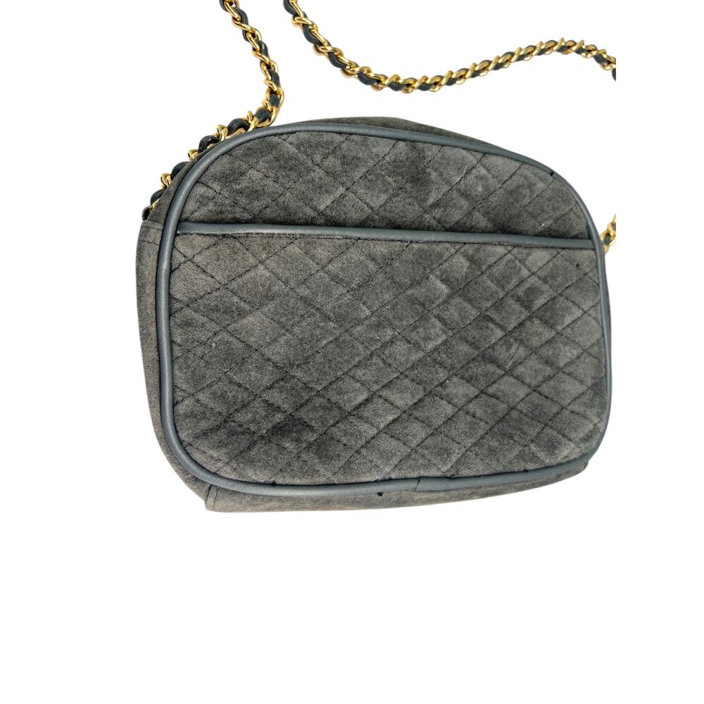 Vintage 90's Newport News Purse Bag Crossbody Grey Suede Quilted Gold Chain Lux - Picture 13 of 14